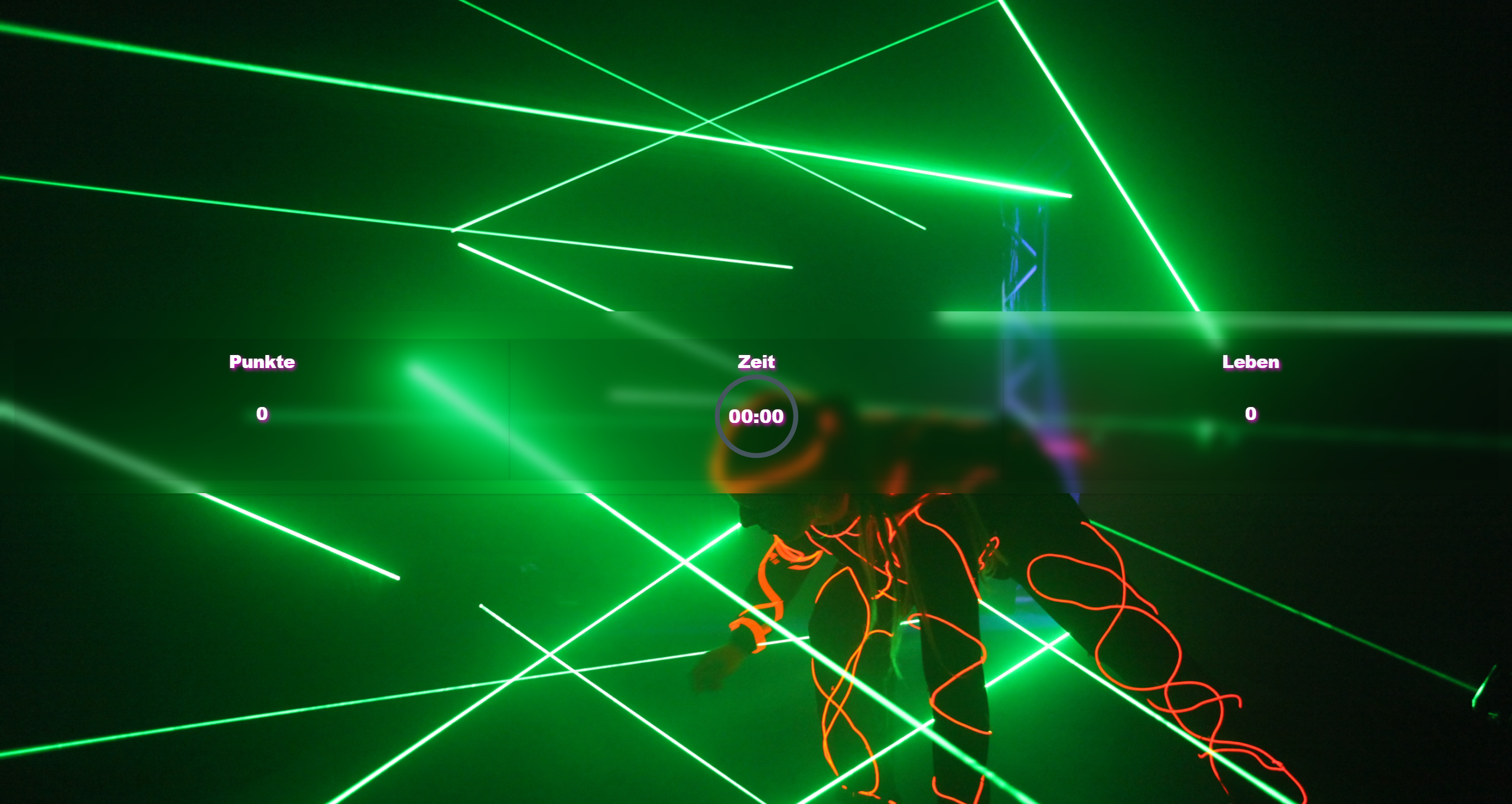 LaserMaze-Spielanzeige mit Punkten, Zeit und Leben vor grünen Laserstrahlen